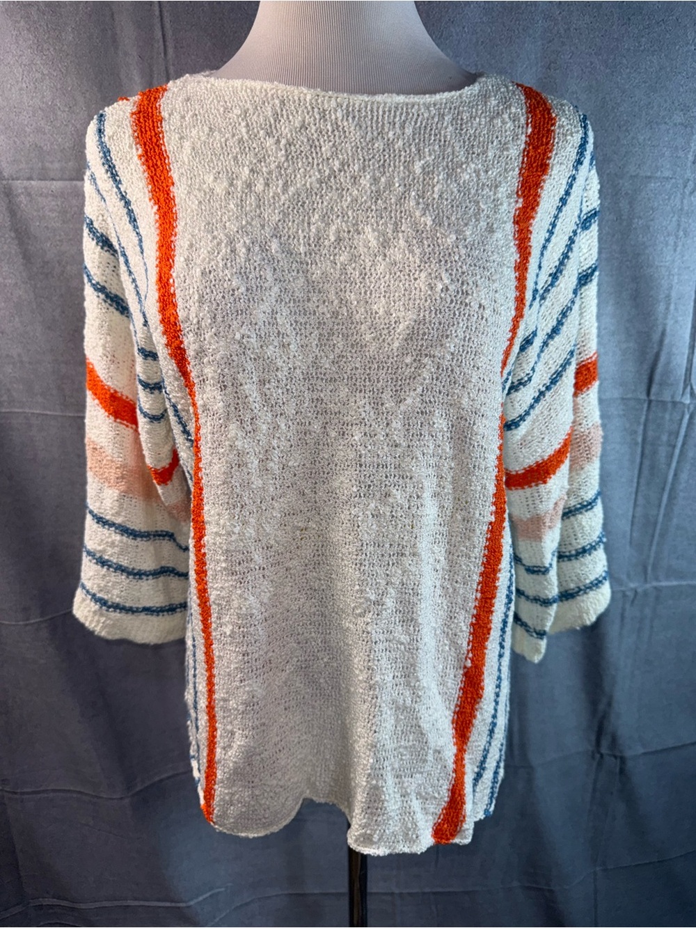 2177-Dokotoo Cream Crewneck Sweater with Orange and Blue Stripe Detail